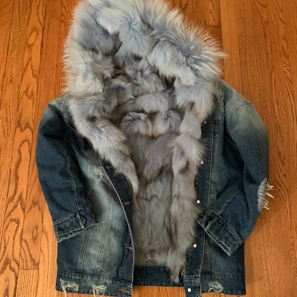 Genuine Fox Fur Lined Denim Parka Size Medium - Picture 1 of 4